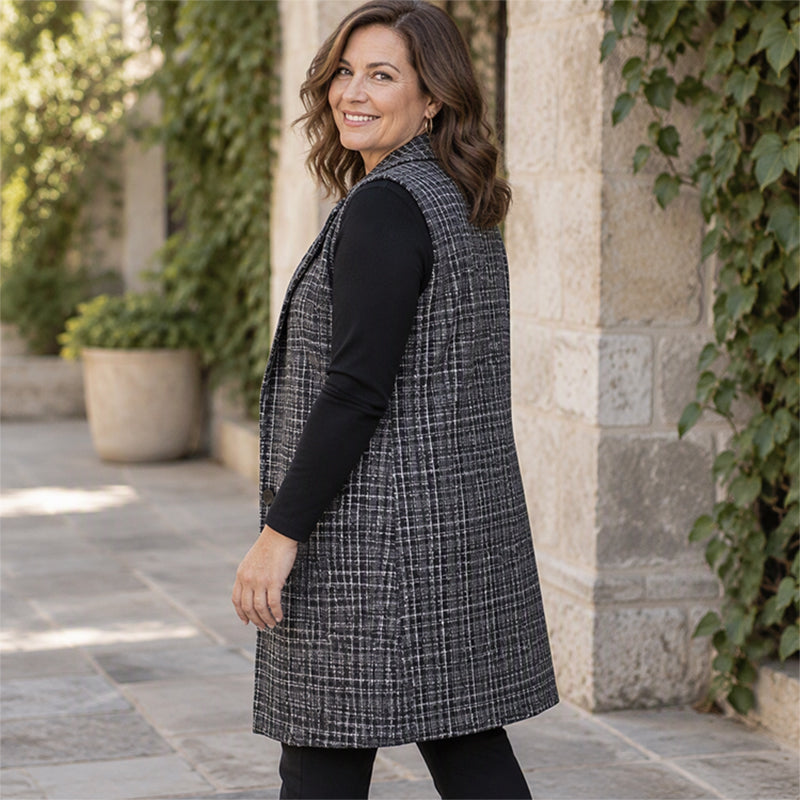 🍂 Timeless Check, Elongated Layering | Women's Plaid Notched Lapel Longline Vest