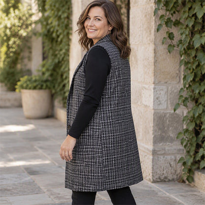 🍂 Timeless Check, Elongated Layering | Women's Plaid Notched Lapel Longline Vest