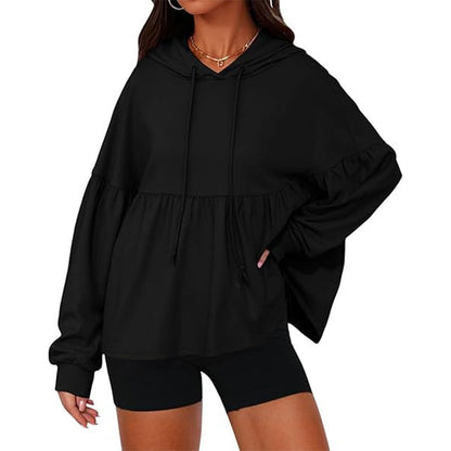 Women's Loose Ruffle Hem Hooded Sweatshirt