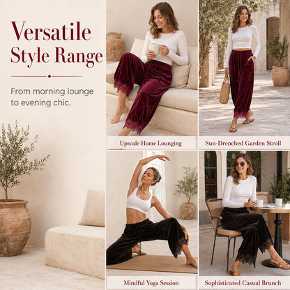 Women's Velvet Wide Leg Pants with Lace Trim