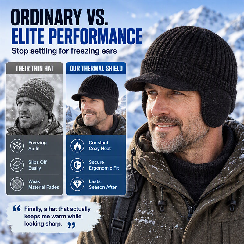 🧢 Cozy Ear Coverage, Structured Brim Detail | Men's Winter Knit Beanie Hat with Brim & Ear Flaps