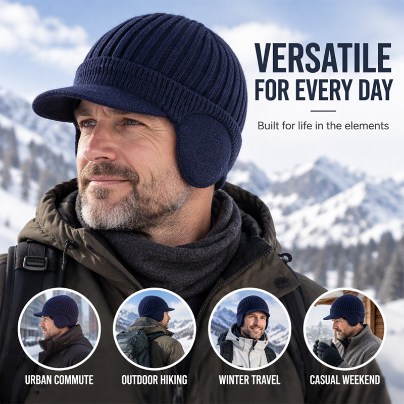 🧢 Cozy Ear Coverage, Structured Brim Detail | Men's Winter Knit Beanie Hat with Brim & Ear Flaps