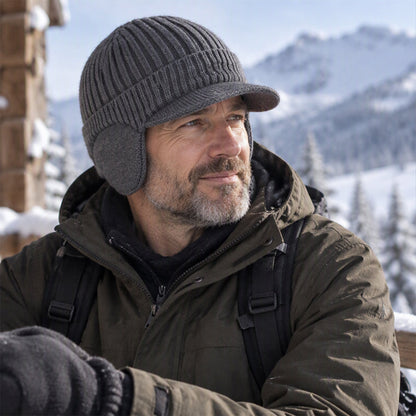 🧢 Cozy Ear Coverage, Structured Brim Detail | Men's Winter Knit Beanie Hat with Brim & Ear Flaps