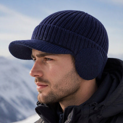 🧢 Cozy Ear Coverage, Structured Brim Detail | Men's Winter Knit Beanie Hat with Brim & Ear Flaps
