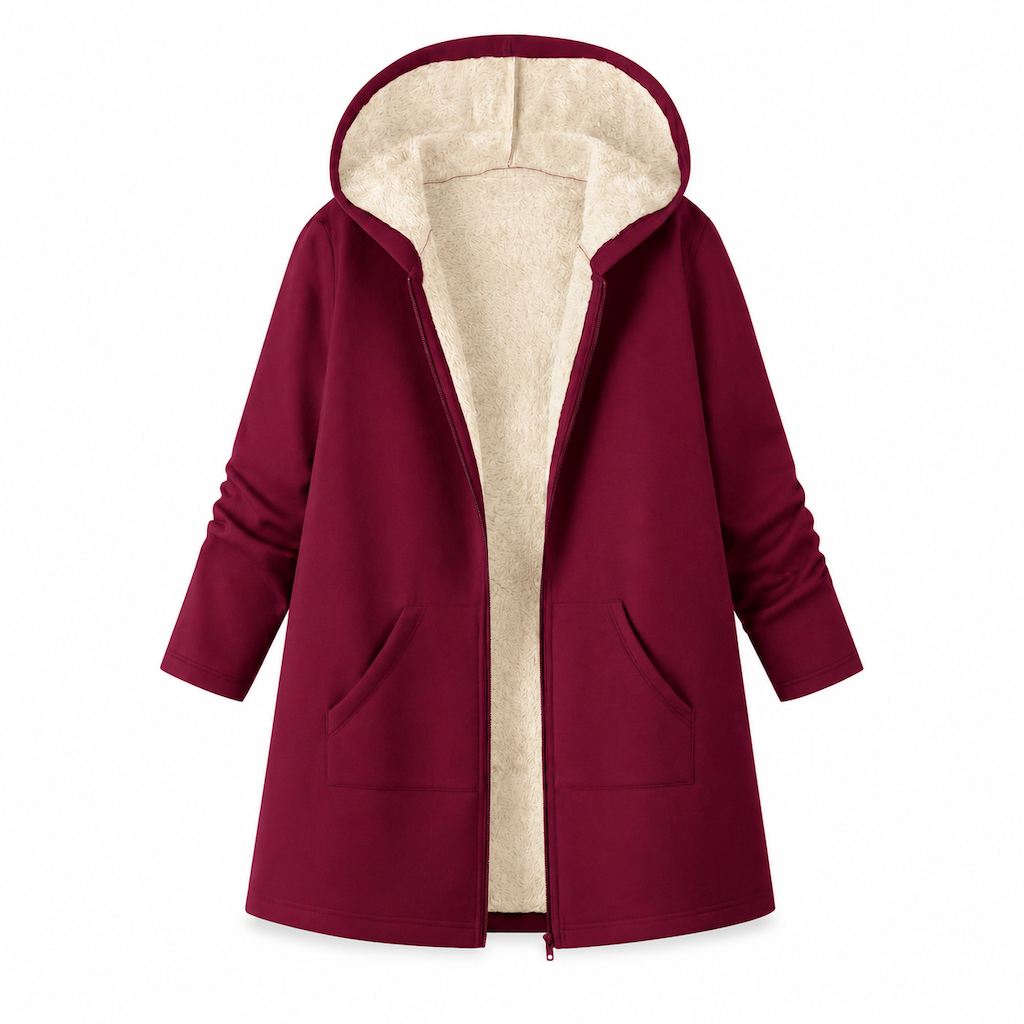 Women's Fabric Lined Hooded Warm Mid-Length Solid Color Long Sleeve Coat for Fall and Winter