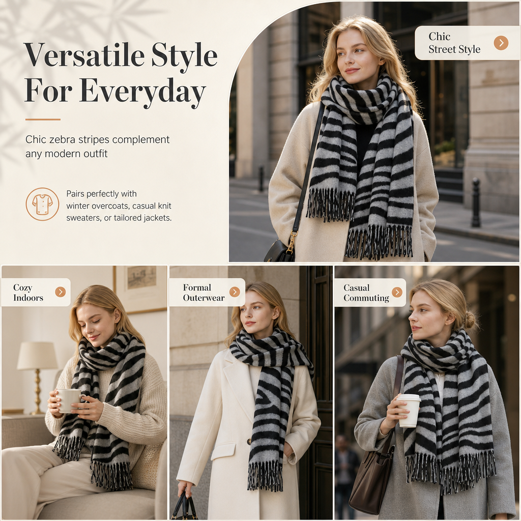 Women's Zebra Print Faux Cashmere Scarf Thick Warm Winter Shawl and Wrap with Tassels