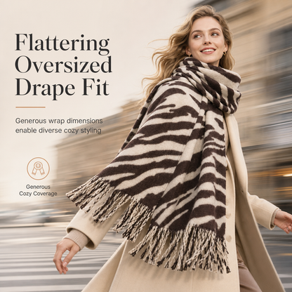 Women's Zebra Print Faux Cashmere Scarf Thick Warm Winter Shawl and Wrap with Tassels