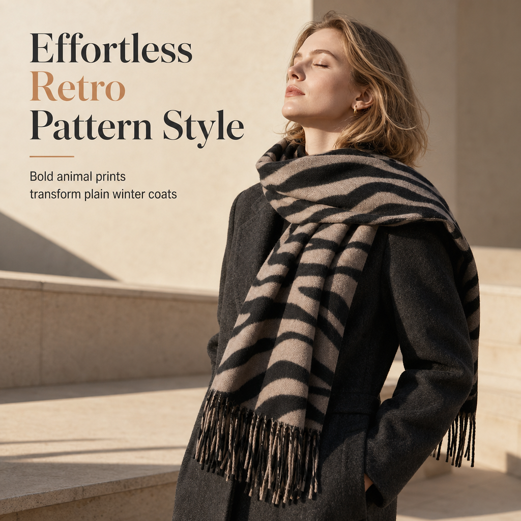 Women's Zebra Print Faux Cashmere Scarf Thick Warm Winter Shawl and Wrap with Tassels