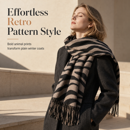 Women's Zebra Print Faux Cashmere Scarf Thick Warm Winter Shawl and Wrap with Tassels
