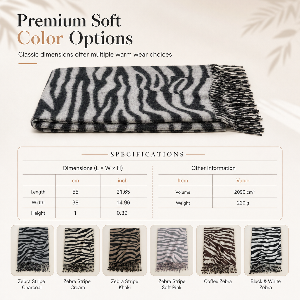 Women's Zebra Print Faux Cashmere Scarf Thick Warm Winter Shawl and Wrap with Tassels