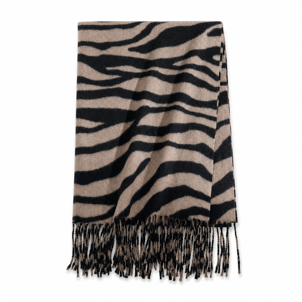 Women's Zebra Print Faux Cashmere Scarf Thick Warm Winter Shawl and Wrap with Tassels