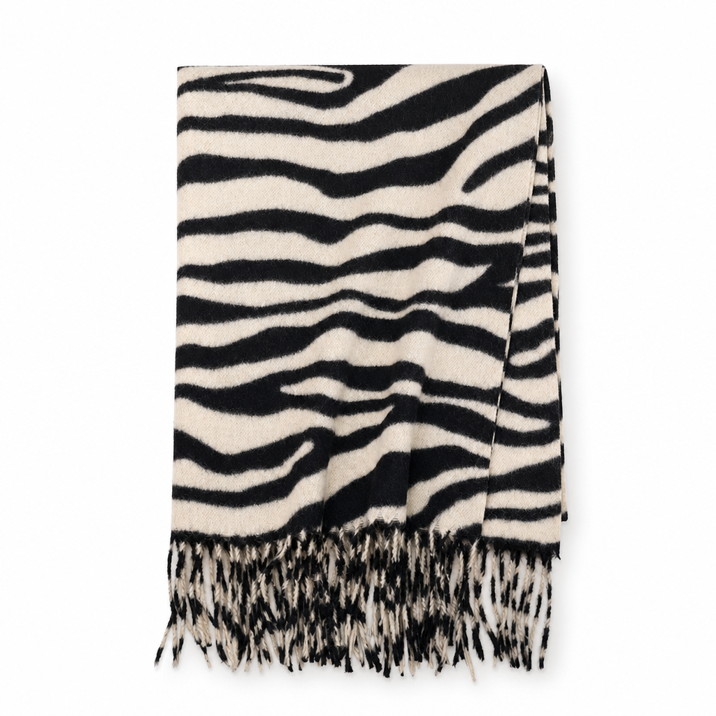 Women's Zebra Print Faux Cashmere Scarf Thick Warm Winter Shawl and Wrap with Tassels