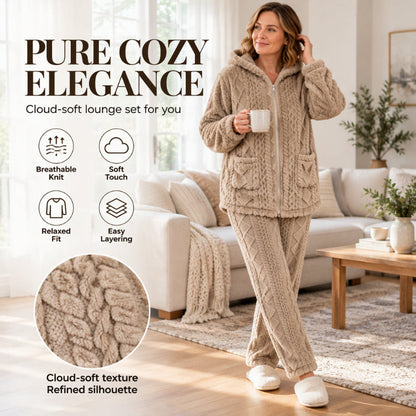 🧶 Cloud-Soft Warmth, Easy Coordinated Comfort | Women's Plush Cable Knit Hooded Jacket & Pants Set