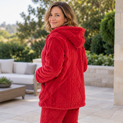 🧶 Cloud-Soft Warmth, Easy Coordinated Comfort | Women's Plush Cable Knit Hooded Jacket & Pants Set
