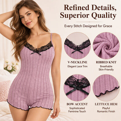 🦋 Eye-Catching Back Detail, Soft Lace Comfort | Women's Butterfly Back Lace Romper Pajamas
