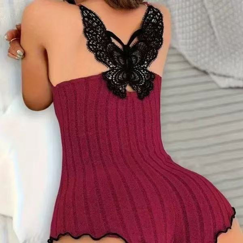 🦋 Eye-Catching Back Detail, Soft Lace Comfort | Women's Butterfly Back Lace Romper Pajamas