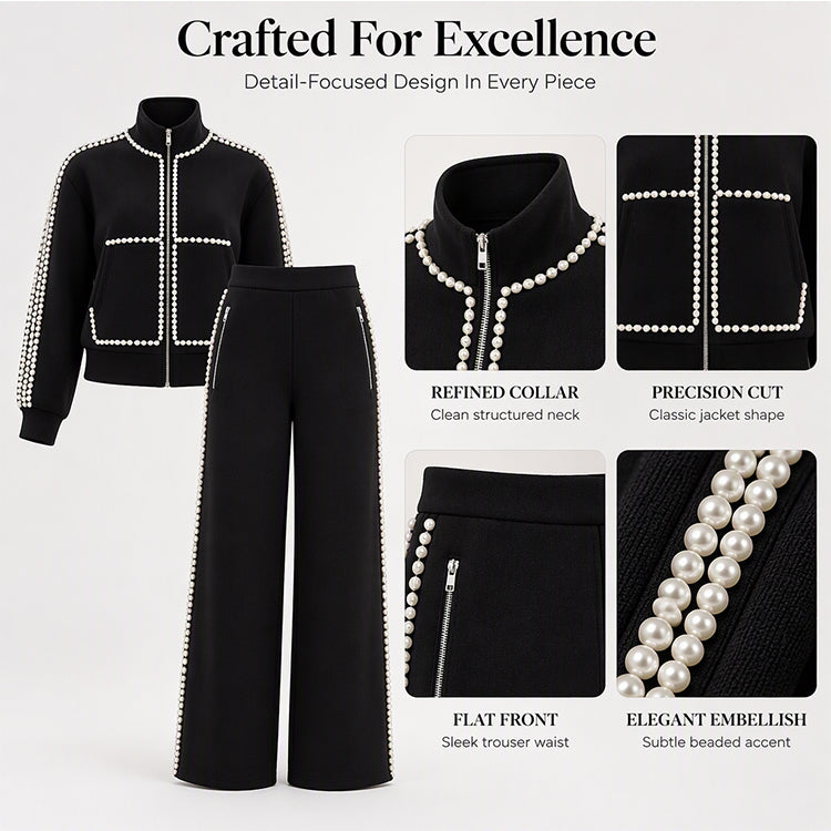 ✨ Eye-Catching Bead Detail, Leg-Elongating Silhouette | Women's Beaded Cropped Jacket and Wide-Leg Pants Set