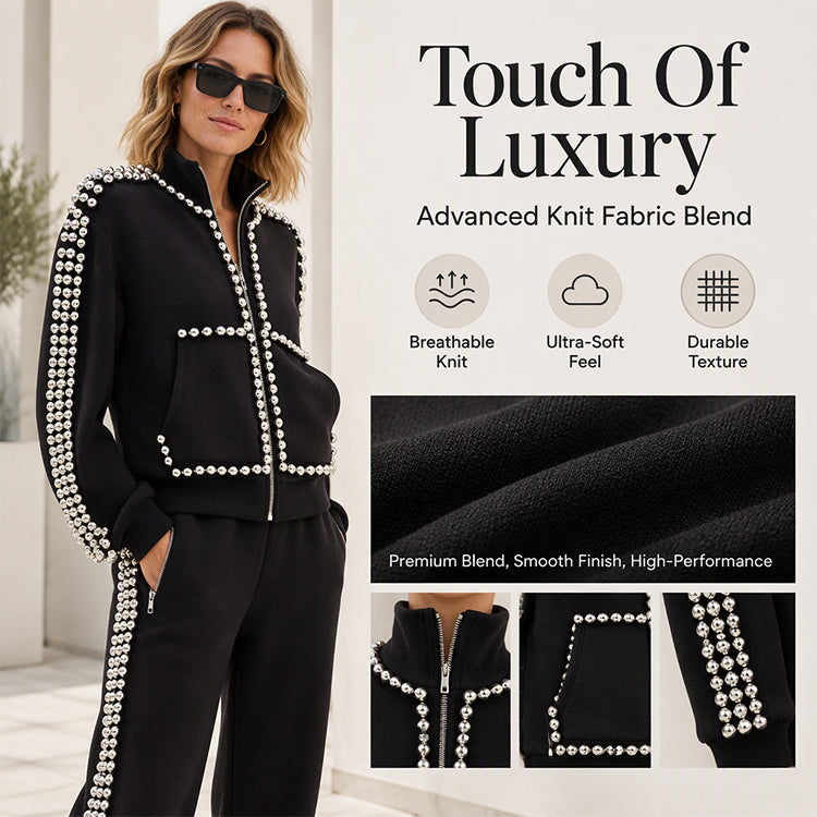 ✨ Eye-Catching Bead Detail, Leg-Elongating Silhouette | Women's Beaded Cropped Jacket and Wide-Leg Pants Set