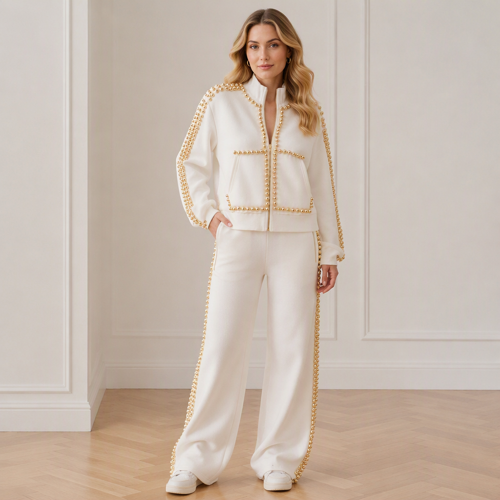 ✨ Eye-Catching Bead Detail, Leg-Elongating Silhouette | Women's Beaded Cropped Jacket and Wide-Leg Pants Set