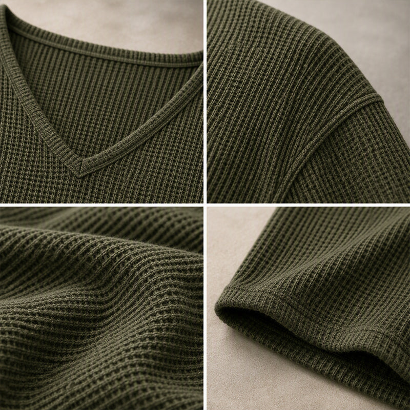 👚 Flattering Neckline, Textured Comfort | Women's Waffle Knit V-Neck Long Sleeve Top