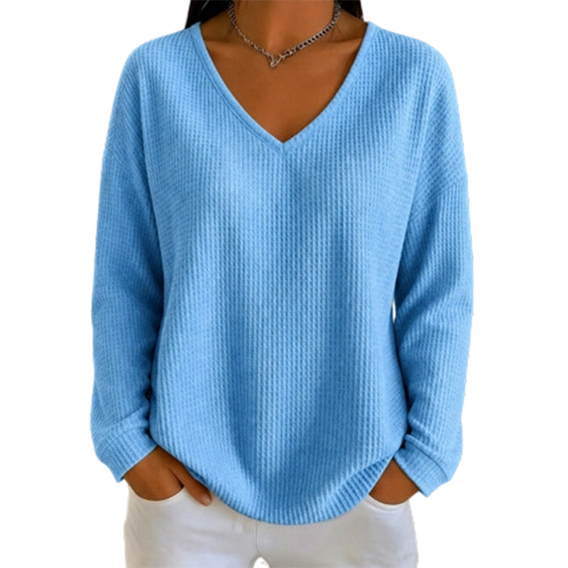👚 Flattering Neckline, Textured Comfort | Women's Waffle Knit V-Neck Long Sleeve Top