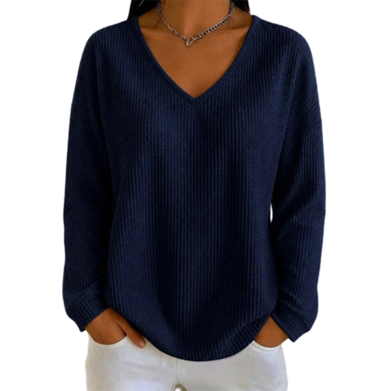 👚 Flattering Neckline, Textured Comfort | Women's Waffle Knit V-Neck Long Sleeve Top