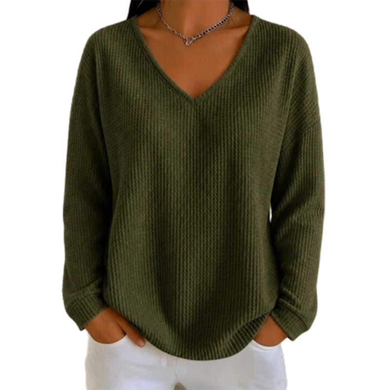 👚 Flattering Neckline, Textured Comfort | Women's Waffle Knit V-Neck Long Sleeve Top