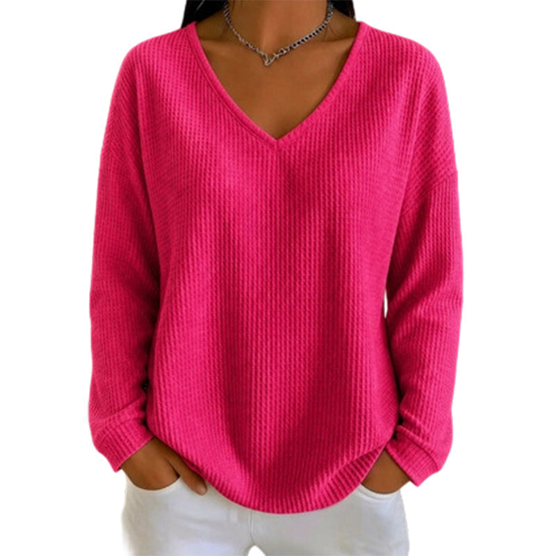 👚 Flattering Neckline, Textured Comfort | Women's Waffle Knit V-Neck Long Sleeve Top
