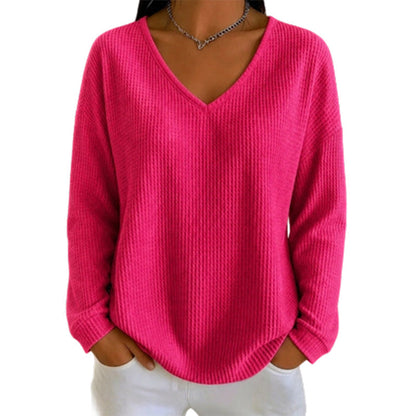 👚 Flattering Neckline, Textured Comfort | Women's Waffle Knit V-Neck Long Sleeve Top