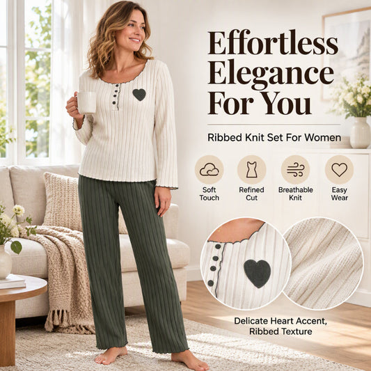 💕 Sweet Embroidery Detail, Cozy Nighttime Comfort | Women's Heart Embroidery Ribbed Pajama Set