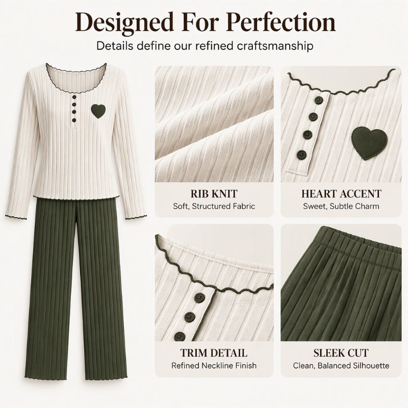 💕 Sweet Embroidery Detail, Cozy Nighttime Comfort | Women's Heart Embroidery Ribbed Pajama Set