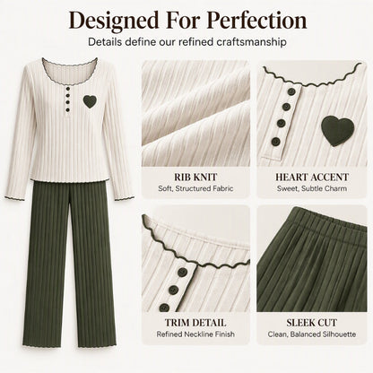 💕 Sweet Embroidery Detail, Cozy Nighttime Comfort | Women's Heart Embroidery Ribbed Pajama Set