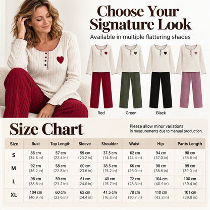 💕 Sweet Embroidery Detail, Cozy Nighttime Comfort | Women's Heart Embroidery Ribbed Pajama Set