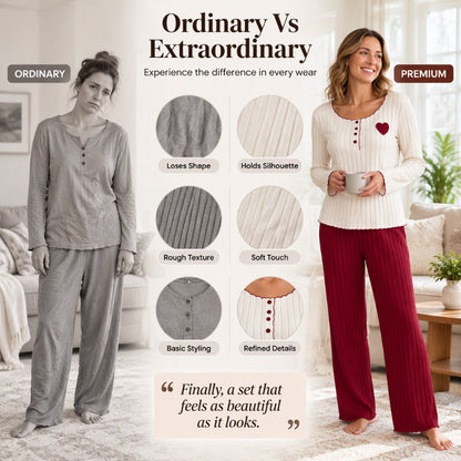 💕 Sweet Embroidery Detail, Cozy Nighttime Comfort | Women's Heart Embroidery Ribbed Pajama Set