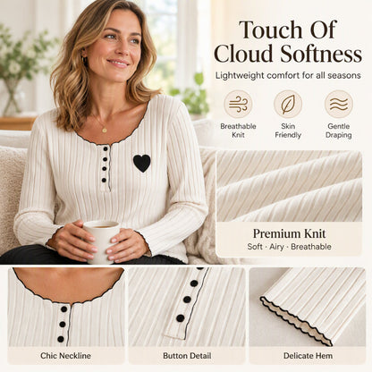💕 Sweet Embroidery Detail, Cozy Nighttime Comfort | Women's Heart Embroidery Ribbed Pajama Set