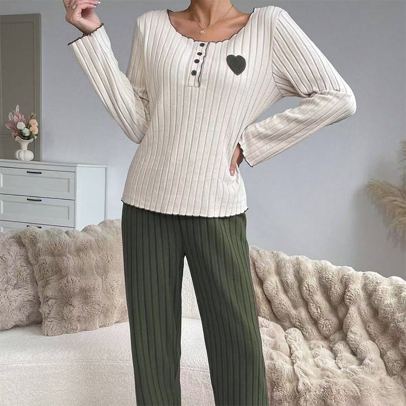 💕 Sweet Embroidery Detail, Cozy Nighttime Comfort | Women's Heart Embroidery Ribbed Pajama Set