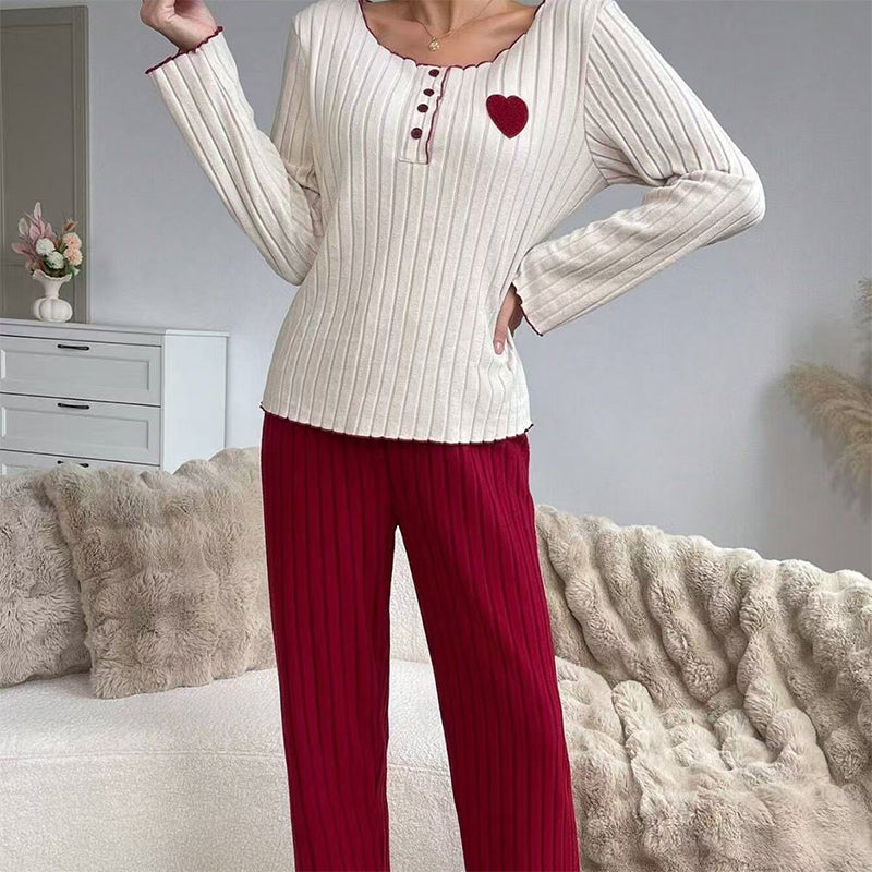 💕 Sweet Embroidery Detail, Cozy Nighttime Comfort | Women's Heart Embroidery Ribbed Pajama Set
