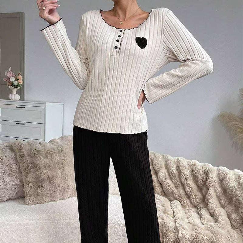 💕 Sweet Embroidery Detail, Cozy Nighttime Comfort | Women's Heart Embroidery Ribbed Pajama Set