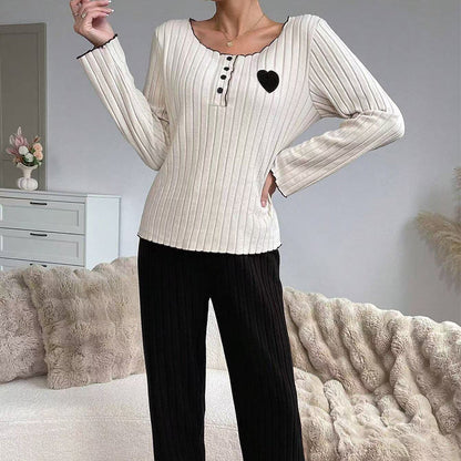 💕 Sweet Embroidery Detail, Cozy Nighttime Comfort | Women's Heart Embroidery Ribbed Pajama Set