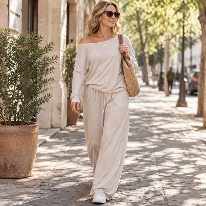 Women's Off-Shoulder Long Sleeve Top & Wide-Leg Pants Set