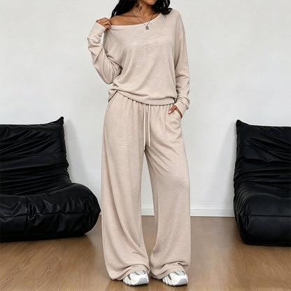 Women's Off-Shoulder Long Sleeve Top & Wide-Leg Pants Set