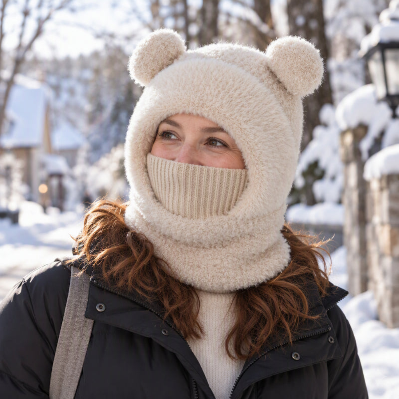 🐻 All-in-One Warmth, Cozy Full Coverage | 3-in-1 Winter Bear Hat with Scarf & Mask
