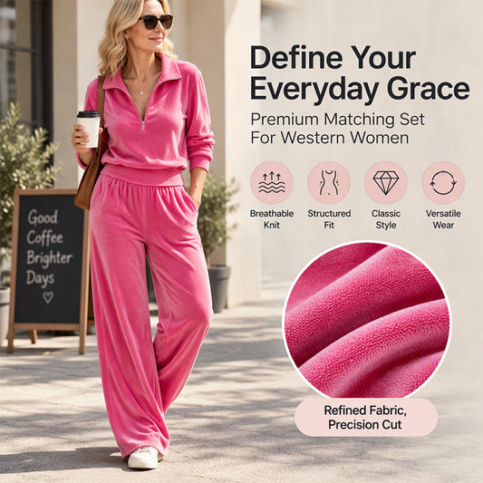 Women's Retro Half-Zip Pullover & Wide-Leg Pants Set