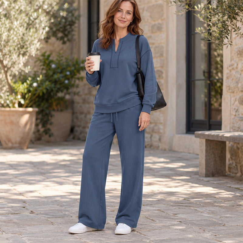 Women's Long Sleeve Half-Zip Top & Wide-Leg Pants Set