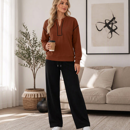 Women's Long Sleeve Half-Zip Top & Wide-Leg Pants Set
