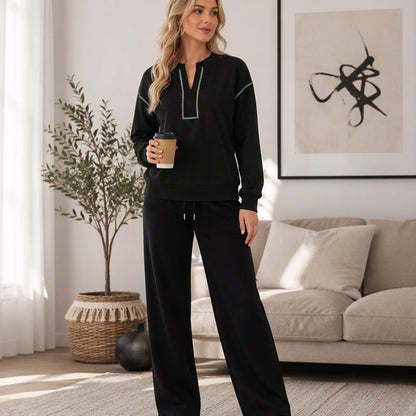 Women's Long Sleeve Half-Zip Top & Wide-Leg Pants Set