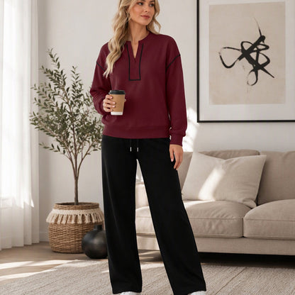 Women's Long Sleeve Half-Zip Top & Wide-Leg Pants Set