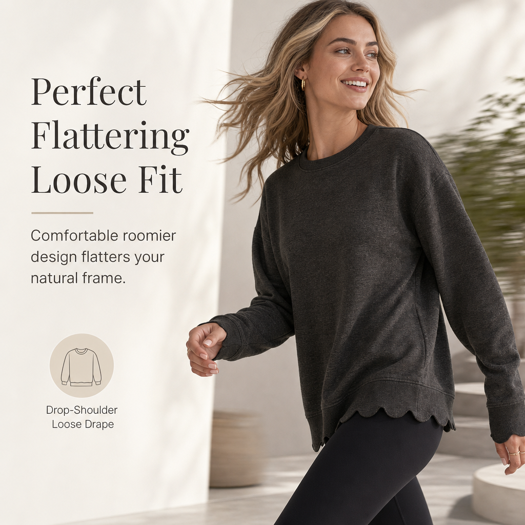 🌸 Clean Crew Neck Look | Women's Scalloped Hem Crew Neck Sweatshirt