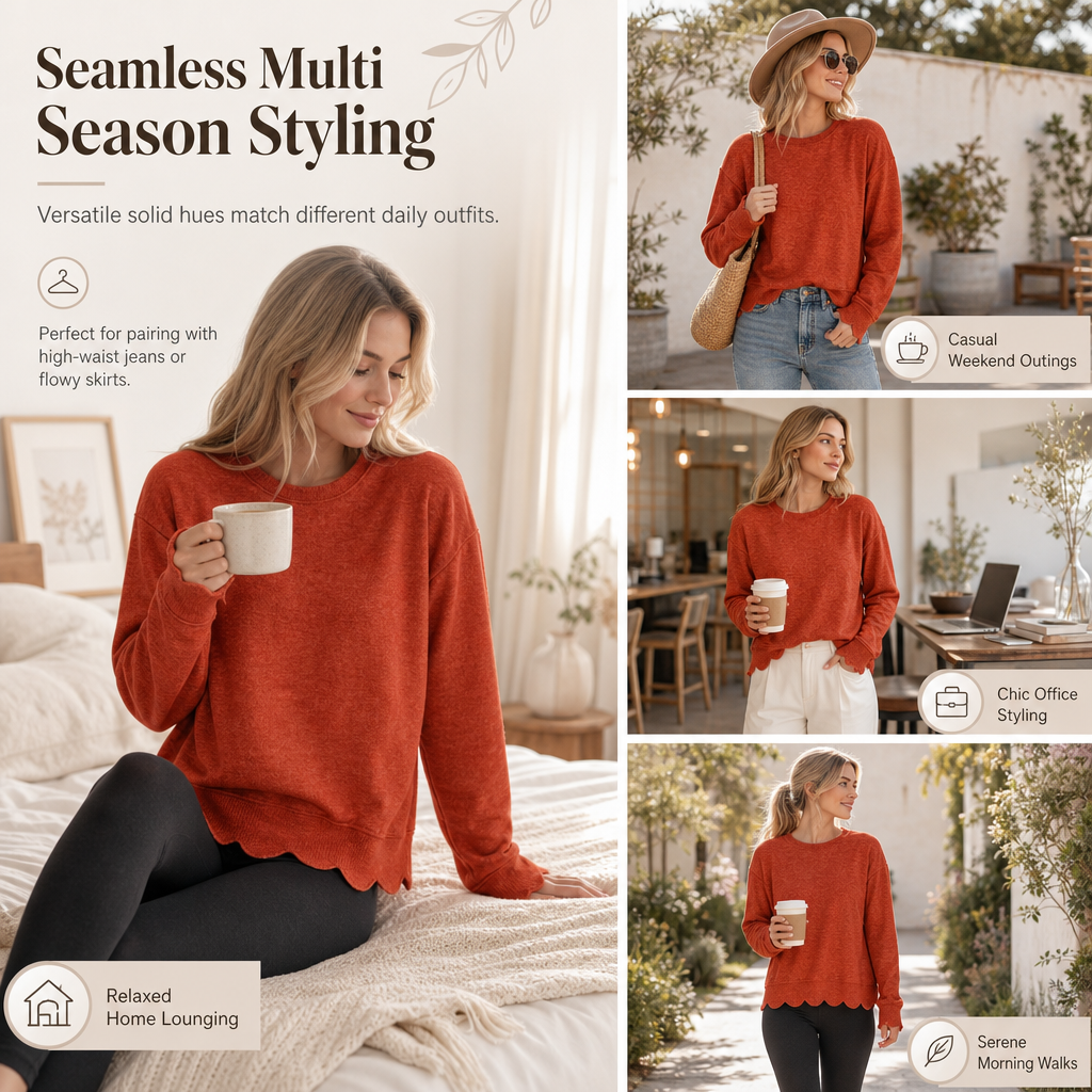 🌸 Clean Crew Neck Look | Women's Scalloped Hem Crew Neck Sweatshirt